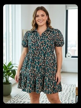 SHEIN Teal and Brown Leopard Print Puff-Sleeve Midi Dress nwot 24 p2p